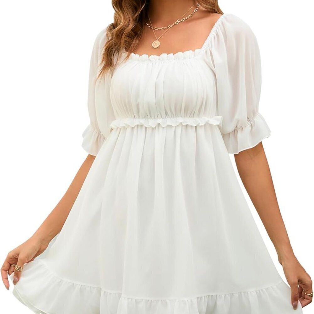 Women's Summer Chiffon Boho Mini Dress Square Neck Ruffle Casual